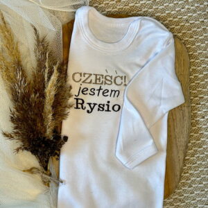 Body personalizowane dla dziecka z napisem „cześć, jestem Rysio”