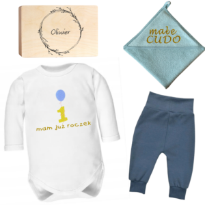 Prezent na roczek dla chłopca - BABY BOX zestaw z dedykacją